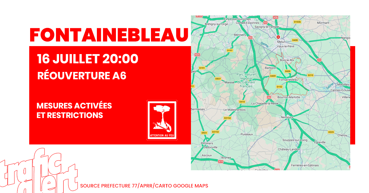 trafic_msgu's tweet photo. 🛣️  INCENDIE FONTAINEBLEAU | L'A6 de nouveau ouverte avec des mesures et des appels à la prudence. Vitesse limitée à 90km/h et voie de droite neutralisée pour créer une voie possible d'accès aux pompiers. #A6 #Fontainebleau ➡️ https://t.co/qxeCouvNIU https://t.co/SEn6w7Fefw