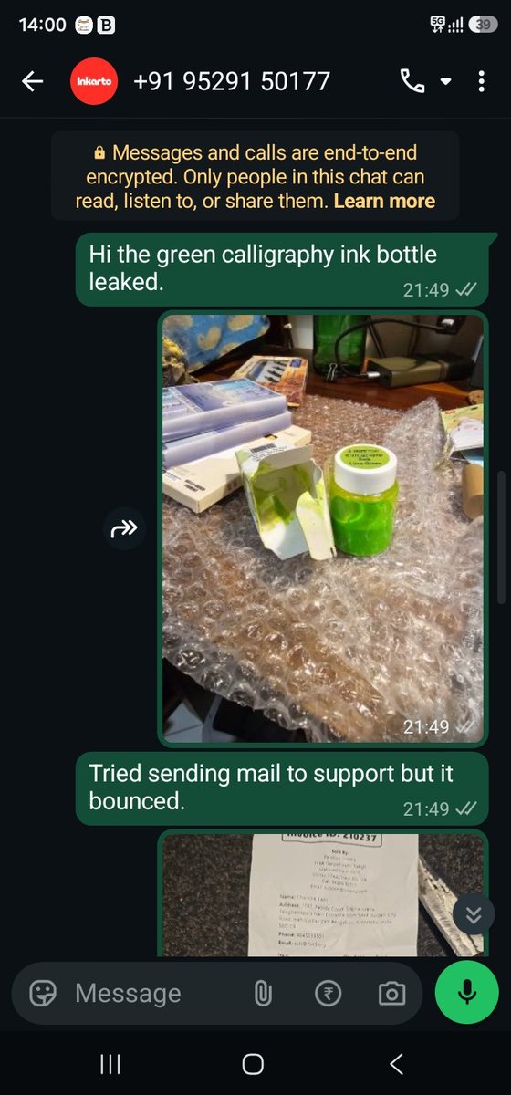 EfficacyCoach's tweet photo. I purchased some stationery items from @inkarto_india_ and one of the ink bottles leaked in transport. I tried calling them emailing them messaged on instagram but no response. They are just a sales organisation with no customer service. Dont buy from them. Pics attached. https://t.co/lMRgTv9zcN