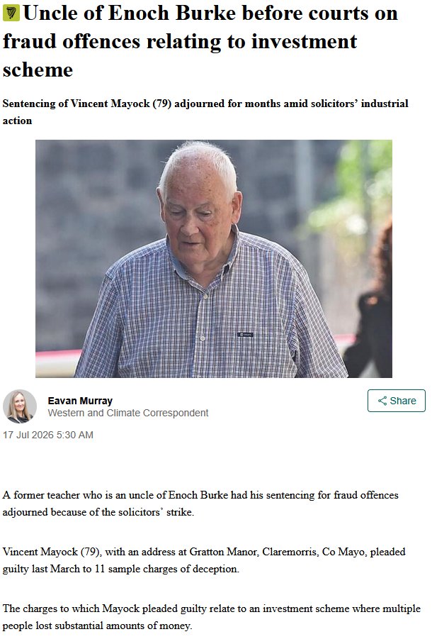 keira_con's tweet photo. Ireland is a strange little country.

Yesterday I covered the court case involving Dr Muhammad Waqas Rabbani. Today another fraud case appeared in the media, and the difference in the reporting is striking.

In the latter case, the Irish defendant's photograph is published. His home address is reported, his original hometown is identified, and the article even goes into his extended family connections, noting he is the uncle of Enoch Burke and referring to alleged family estrangement.

By contrast, in yesterday's reporting on Dr Muhammad Waqas Rabbani, there was no photograph. Instead of a residential address, only Tullow Family Medical Centre was identified, and there was very little background information provided.

This isn't about guilt or innocence. Both men are entitled to a fair trial.

It is about consistency.

If the media believes it is appropriate to publish a defendant's photograph, home address, family connections and extensive personal background in one case, then the same editorial standard should apply to everyone. If those details are not considered appropriate, then they should not be published for anyone.

Equal treatment should mean equal treatment.

What do you think? Should the same reporting standards apply to everyone who appears before the courts, regardless of their background?