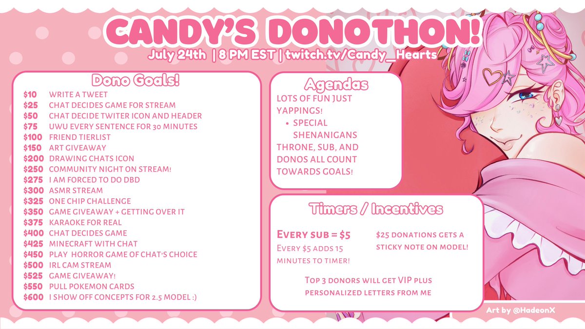 C4ndy_Hearts's tweet photo. Hey Everyone! Next Weekend I will be hosting a donothon to help make the prize pool for Hearts 4 Charity Royale bigger as its a self funded project as well as future endeavors!

Be sure to join in on July 24th at 8 PM to see the start of the donothon! It will be an uncapped thon but not a 24/7 donothon!