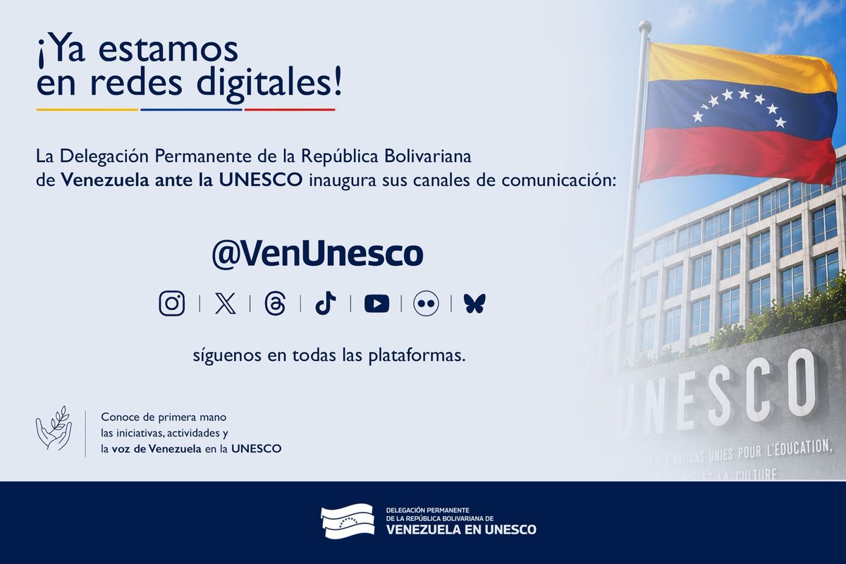 VillegasPoljak's tweet photo. Conoce de primera mano las iniciativas, las actividades y la voz de Venezuela en la UNESCO: sigue @VenUnesco en todas las plataformas.

Obtenez des informations de première main sur les initiatives, les activités et la voix du Venezuela à l'UNESCO : suivez @VenUnesco sur toutes les plateformes.

Get firsthand information on Venezuela's initiatives, activities, and voice at UNESCO: follow @VenUnesco on all platforms.

Получайте информацию из первых рук об инициативах и деятельности Венесуэлы, а также о ее позиции в ЮНЕСКО: подписывайтесь на @VenUnesco на всех платформах.

获取委内瑞拉在联合国教科文组织的各项倡议、活动及主张的第一手资讯：请在各大平台关注 @VenUnesco。

احصل على معلومات مباشرة حول مبادرات فنزويلا وأنشطتها وصوتها في اليونسكو: تابع @VenUnesco على جميع المنصات.

Saznajte informacije iz prve ruke o inicijativama, aktivnostima i stavovima Venezuele pri UNESCO-u: pratite @VenUnesco na svim platformama.