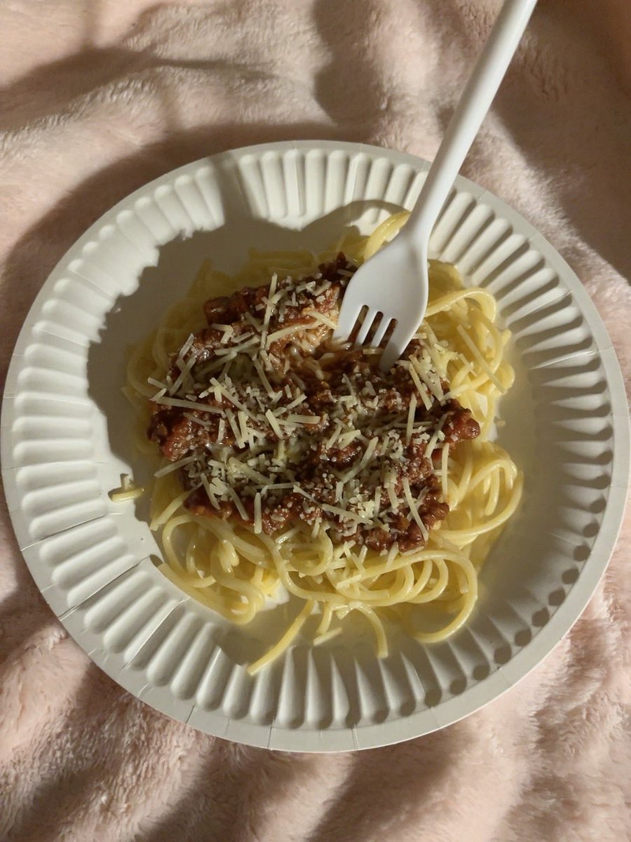 ilovburga's tweet photo. eating some fuckass spaghetti bolognese (yes im eating off a paper plate i do naw care) https://t.co/pAUFbCsTYI
