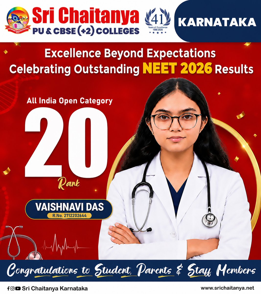 EduPulseIndia's tweet photo. Chasing Dreams &amp; Mastering Medicine: Vaishnavi Das Secures All India Rank 20 in NEET 2026!
.
{ NEET 2026, Sri Chaitanya Karnataka, NEET Topper, All India Rank 20, Vaishnavi Das, Medical Aspirants, Sri Chaitanya Results, Excellence in Education, Future Doctors} https://t.co/NZ02giLoKl