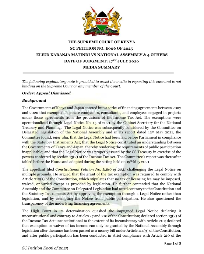 THE_SCOK's tweet photo. Link to the Judgement, Media Summary and Rulings delivered by the Supreme Court of Kenya on 17/07/2026.
https://t.co/6GwAYL7BgP

You can access all our decisions from our website: https://t.co/c0MGznIfQn 
Judgement in:
SCPT/E006/2025 
Eliud Karanja Matindi -vs- The National Assembly & 4 Others (Media summary attached)

Rulings in:
1) SCREF/E001/2026 
The Speaker, County Assembly of Meru; IEBC & EACC – Proposed Interveners

2) SCAPP/E011/2026 
The Speaker, National Assembly -vs- The Bloggers Association of Kenya (BAKE) & 6 Others
https://t.co/6GwAYL7BgP