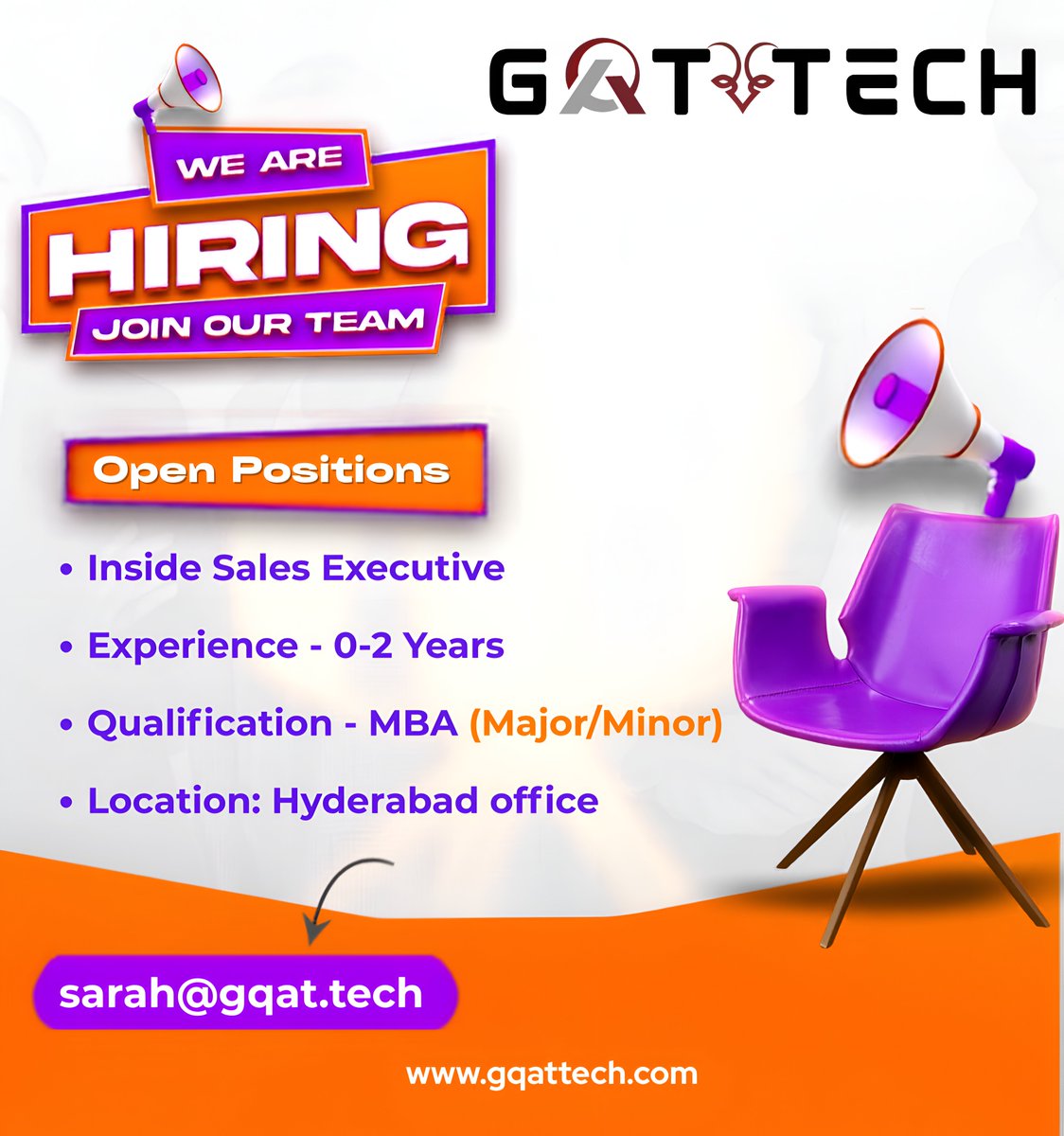 GQATTECH's tweet photo. 🚀 We're Hiring!
 Inside Sales Executive | 
📍 Hyderabad
🎓 MBA (Major/Minor) | 
🧑‍💼 0–2 Years Experience
Passionate about sales &amp; business development? Join GQAT Tech!
📩 Apply: sarah@gqat.tech
#Hiring #InsideSales #MBAJobs #HyderabadJobs #GQATTech #Careers https://t.co/wc19FkFwD4