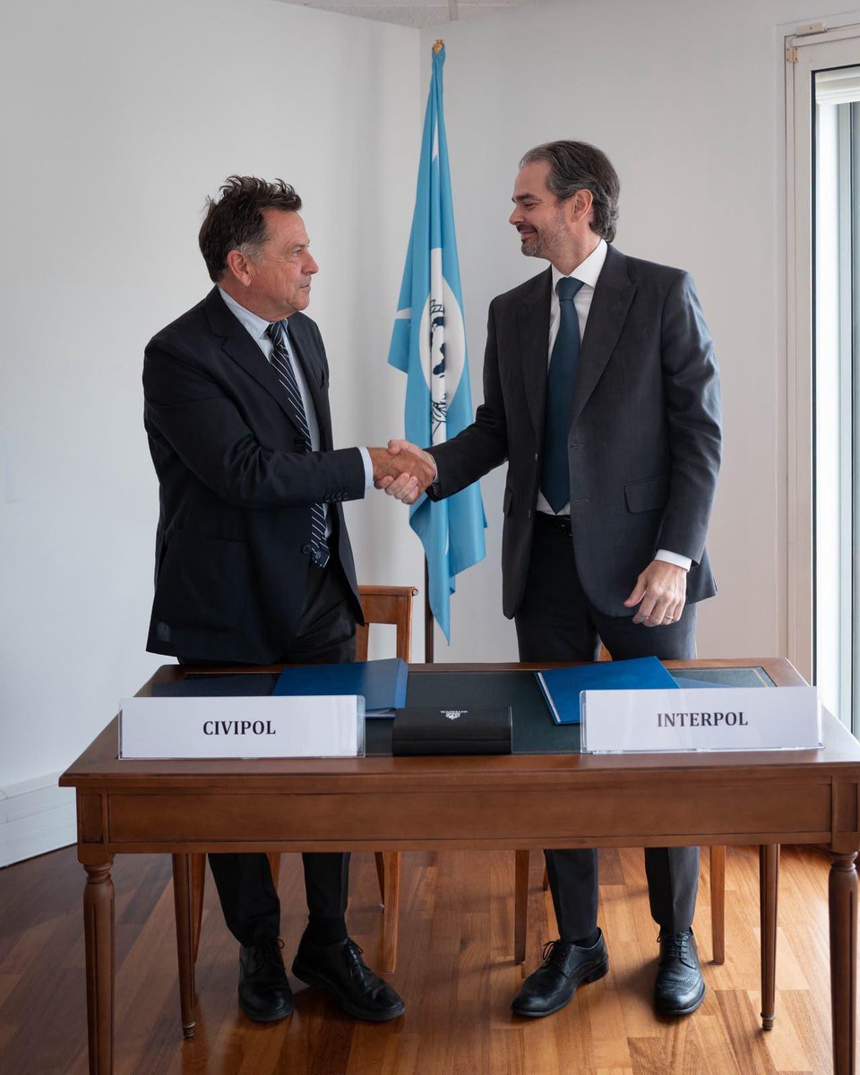 INTERPOL_SG's tweet photo. This week I welcomed Prefect Yann Jounot, Chief Executive Officer of CIVIPOL, to INTERPOL headquarters. 

We signed a Letter of Intent to strengthen our collaboration, fostering joint initiatives and regular consultation to enhance global security. This reflects our shared commitment to combating terrorism, cybercrime, organized crime and human trafficking, crimes that transcend borders and demand collective action.

🇫🇷 France’s expertise and leadership in these areas are invaluable, and this Letter is a testament to our appreciation for its contributions to global security.
