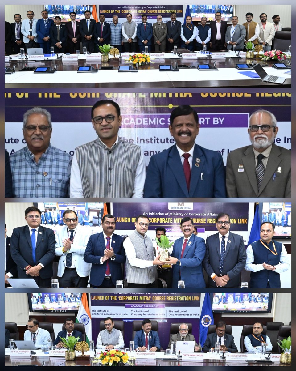 theicai's tweet photo. Shri Rahul Jain,Joint Secretary, MCA; Shri Mahendra Kumar, Director (Professional Institutes), MCA, CA. Prasanna Kumar D, President, ICAI; CMA TCA Srinivasa Prasad, President, ICoAI; CS Dwarakanath Chennur, Vice-President, ICSI, CCMs and Secretary ICAI along with senior officials https://t.co/S315zPZYRh