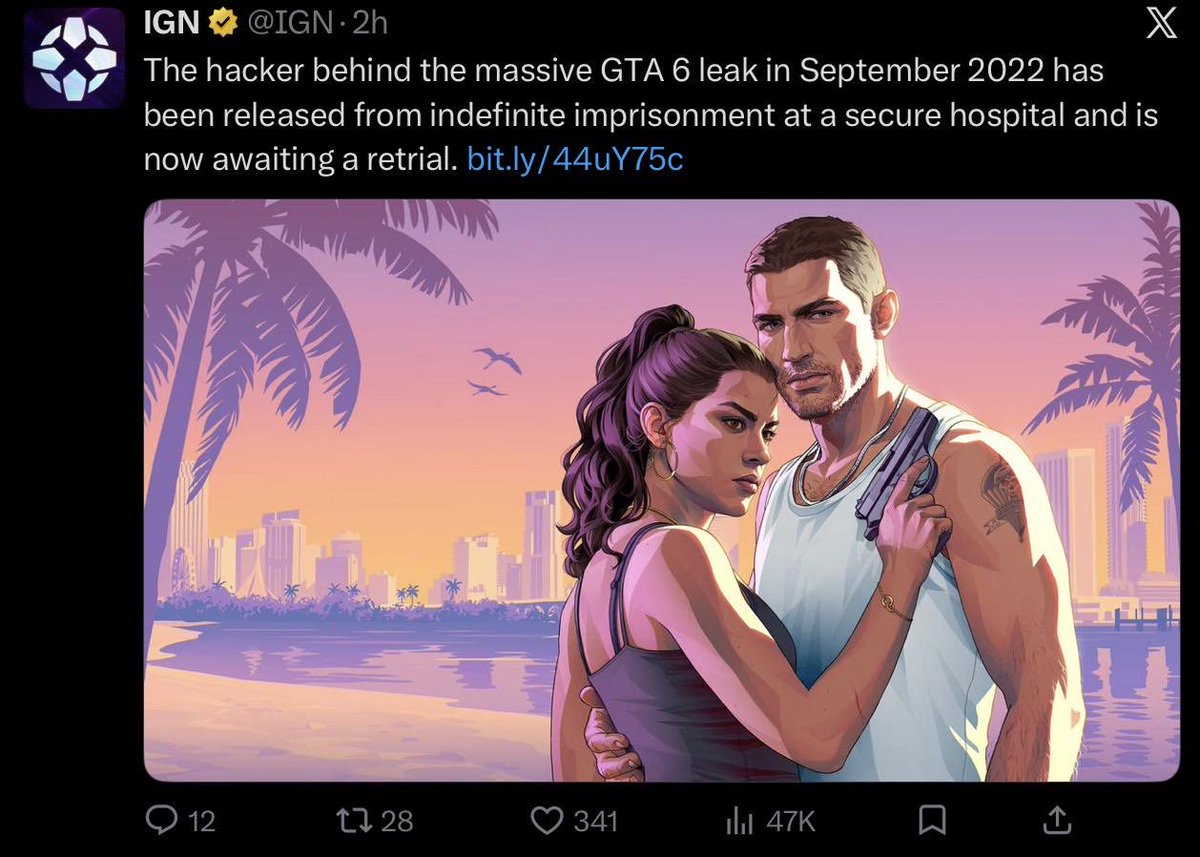 GTA6LeonidaHQ's tweet photo. Bro leaked GTA 6, got locked up, served time, AND got released, before GTA 6 😭 https://t.co/LnPqmz96cl