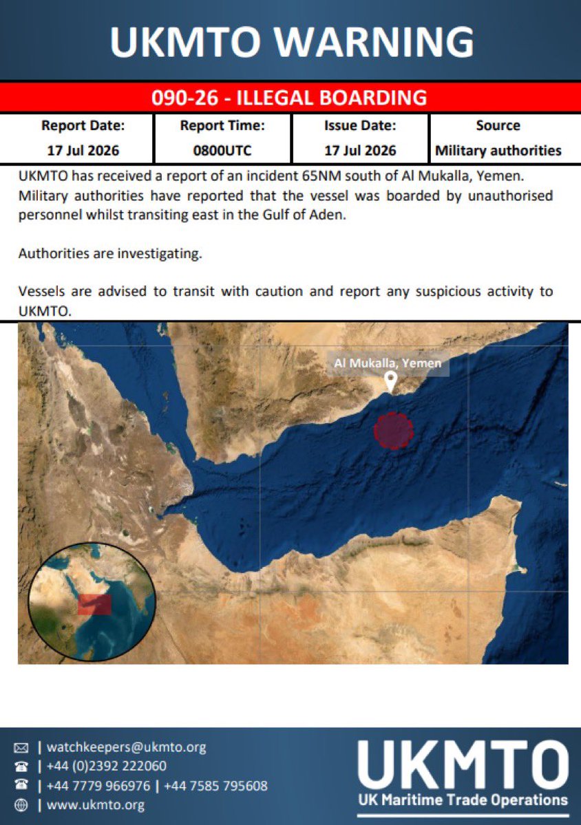 AryJeayBackup's tweet photo. JUST NOW: The UKMTO says a vessel was boarded, east in the Gulf of Aden. 

Did the Yemenis seize a ship? Will have to wait for Yahya Sarae to confirm. https://t.co/bp5r8CvSXz