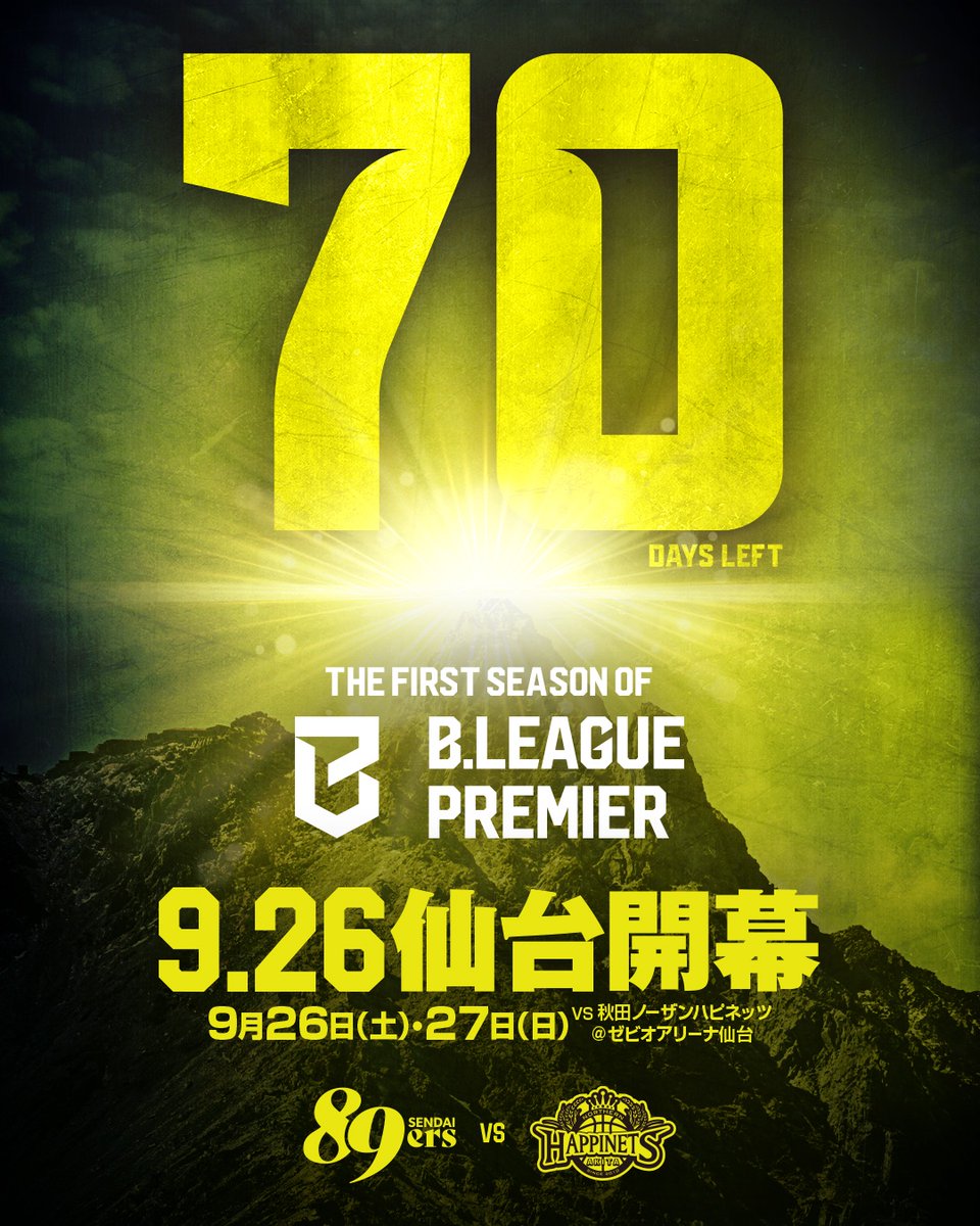 89ERS_Official's tweet photo. ◤￣￣￣￣￣￣￣￣￣◥
　仙台開幕まで70日
◣＿＿＿＿＿＿＿＿＿◢

Bプレミアファーストシーズン。
今秋、仙台89ERSの新たな挑戦が始まります！

9/26(土)・27(日)、ゼビオアリーナ仙台で迎える仙台開幕戦！
その熱狂まで、あと70日🔥

【今後のイベントスケジュール】
今年の夏は、「ファンミーティング」をドドンと3連続開催✨✨✨
🟡7/19(日)ナイナーズ夏まつり@ベストドーム
🟡8/9(日)ティナのお誕生日会@ベストドーム
🟡8/15(土)Bプレミアファーストシーズン決起集会@川内萩ホール
🏀8/29(土)プレシーズンゲームアウェー川崎戦

▼2026-27シーズン試合日程はこちら
https://t.co/bNimlSoq47
▼シーズンシートのお申込みはこちら
https://t.co/H1kkJ6r7mr
▼ナイナーズリワード入会受付中
https://t.co/YFF1U9T7W6

#89ERS
#仙台開幕は9月26日
#Bプレミア初代王者へ