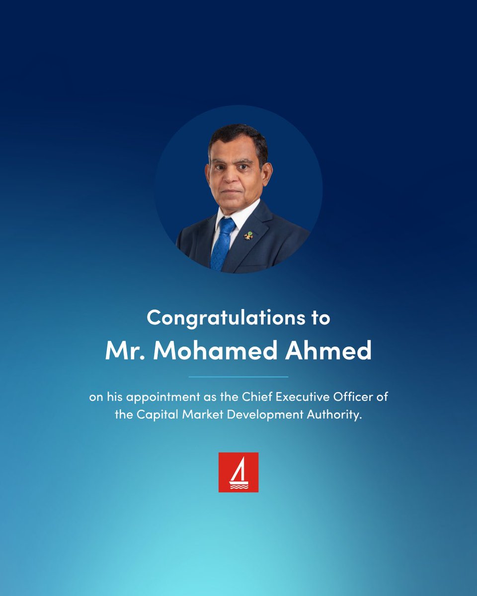 bankofmaldives's tweet photo. Congratulations to Mohamed Ahmed on his appointment as the Chief Executive Officer of the Capital Market Development Authority. We wish him every success on his new role. https://t.co/uvfuJiXkNQ