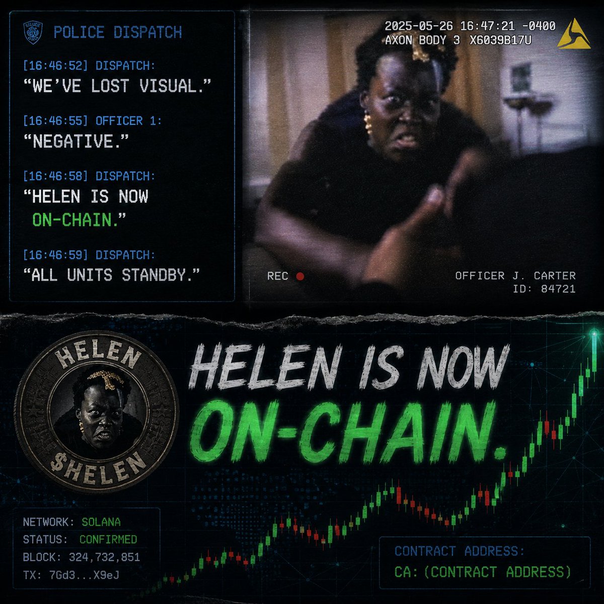 Helenofbodycam's tweet photo. Dispatch:

"We've lost visual."

Negative.

Helen is now on-chain.

$HELEN https://t.co/7JTXPUlwI1