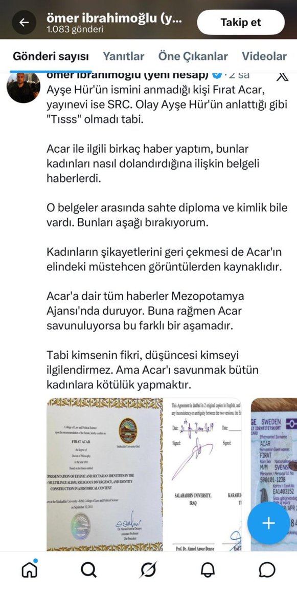 omeribrahim222's tweet photo. Dün Fırat Acar'ın sahte kimlik ve sahte diploma paylaşımım sonrası Acar tarafından kurulan çok sayıda sahte hesap beni şikayet etti ve X, paylaşımımı kaldırdı. 

Tekrar söylüyorum Acar ile ilgili tüm belgeli haberler Mezopotamya Ajansı'nda duruyor. Ajansın arama motoruna ismini yazmanız yeterli.

Ayşe Hür'ün "Tısss" paylaşımı yanlış bilgidir. Doğru bilgi her şeyiyle ortada.

Acar ve çevresi ne yaparsa yapsın uzun uzun yazılar, hakaretvari mesajlar hiçbirinin önemi yok. 

Buradan Acar'ın tüm mağdurlarına sesleniyorum: Korkmayın, mail adresi profilimde duruyor. Siz mağduriyetinizi kanıtlayan belgeler yollayın. Ben yaşanan mağduriyetleri haberleştirmeye devam edeceğim.

Ayrıca Eren Keskin, insan hakları savunucusudur ve neredeyse tüm ömrünü bu yola vermiş. O tek başına her şeye yeter, kimseye de ihtiyacı yok.