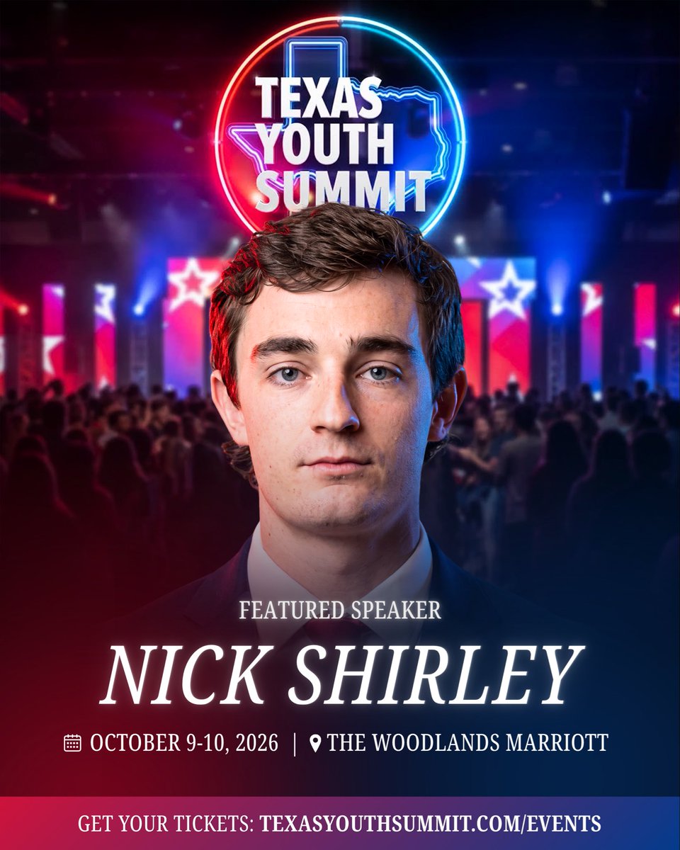 texyouthsummit's tweet photo. Excited to announce independent journalist @nickshirleyy will join us at the 2026 Texas Youth Summit — Oct 9–10 at The Woodlands Waterway Marriott!

At just 23, Nick is one of the boldest young conservative voices, exposing massive fraud in Minnesota’s “Learing Centers” while championing secure borders, fiscal responsibility, and free speech.

He joins: Lt. Gov. Dan Patrick, Rep. @realBrandonGill, @Riley_Gaines_, @CollinsforTX, @YeonmiParkNK, @yoalexrapz, @ChloeCole, Pastor @NateSchatzline & more.

All ages are welcome — students, families, parents, pastors, and conservatives of every generation.
Last year over 3,500 attended. This year will be even bigger!
Reserve your spot before prices increase: https://t.co/CVGvL2Eov0

Ages 12–26: $1 with LONESTARYOUTH
General: Starts at $25 | VIP available

📍 The Woodlands, TX | ⏰ Oct 9–10

Let’s equip the next generation!