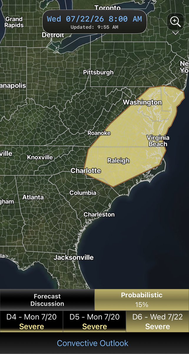 Bwhite663's tweet photo. Wednesday’s severe weather outlook includes a 15% risk across parts of North Carolina, Virginia and Maryland as a cold front moves through. It’s still several days away so expect forecast details to change some but worth keeping an eye on https://t.co/P0Mijyt7Sn