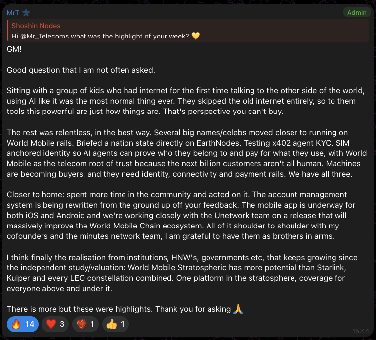ShoshinNodes's tweet photo. I asked @MrTelecoms, CEO of @WorldMobileTeam, what the highlight of his week was.

His answer was more powerful than I imagined. It perfectly captures the real-world impact World Mobile is already having and how rapidly that impact is growing.

Don’t sleep on this. 💛 https://t.co/ngRStZqAeu