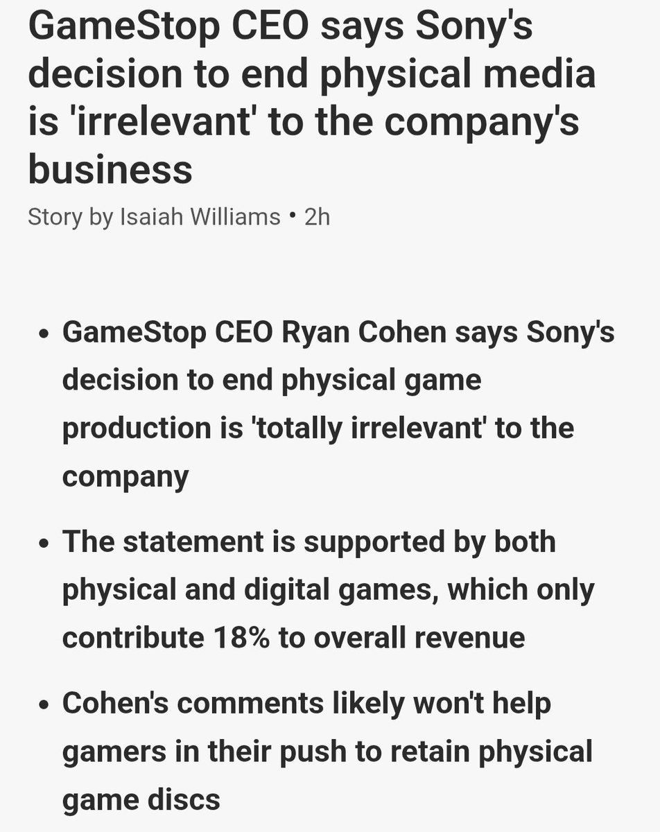 KardinalZyn's tweet photo. This is actually scary and dystopian...

@BlackRock is the largest non-Japanese external shareholder of @Sony.

@Sony inexplicably ends disc support suddenly, skewing data to support a narrative that is untrue re: physical vs. digital sales.

@BlackRock, the driving force in the "You will own nothing and be happy" movement, is the largest external shareholder of @gamestop.

@gamestop CEO Ryan Cohen publicly "goes along" with Blackrock's agenda by stating discs are "irrelevant" to Gamestop's business. Who the heck is going to Gamestop if there are no games there???

So what will Ryan Cohen get from this compliance with Blackrock's agenda? Especially one that would obviously impact his business at @gamestop so much?

 I'm thinking an angel investor deal to finally buy @ebay, as he has wanted to do for some time.

So it looks like another corpo is selling out gamers for a chance at more money.

Adding even more to how crazy this is, MSN was the one reporting Ryan Cohen's remarks on this matter and Blackrock is the second largest shareholder in Microsoft.

This is insane.

#NoDiscNoBuy
#NiceTryBlackrock
#BoycottSony
