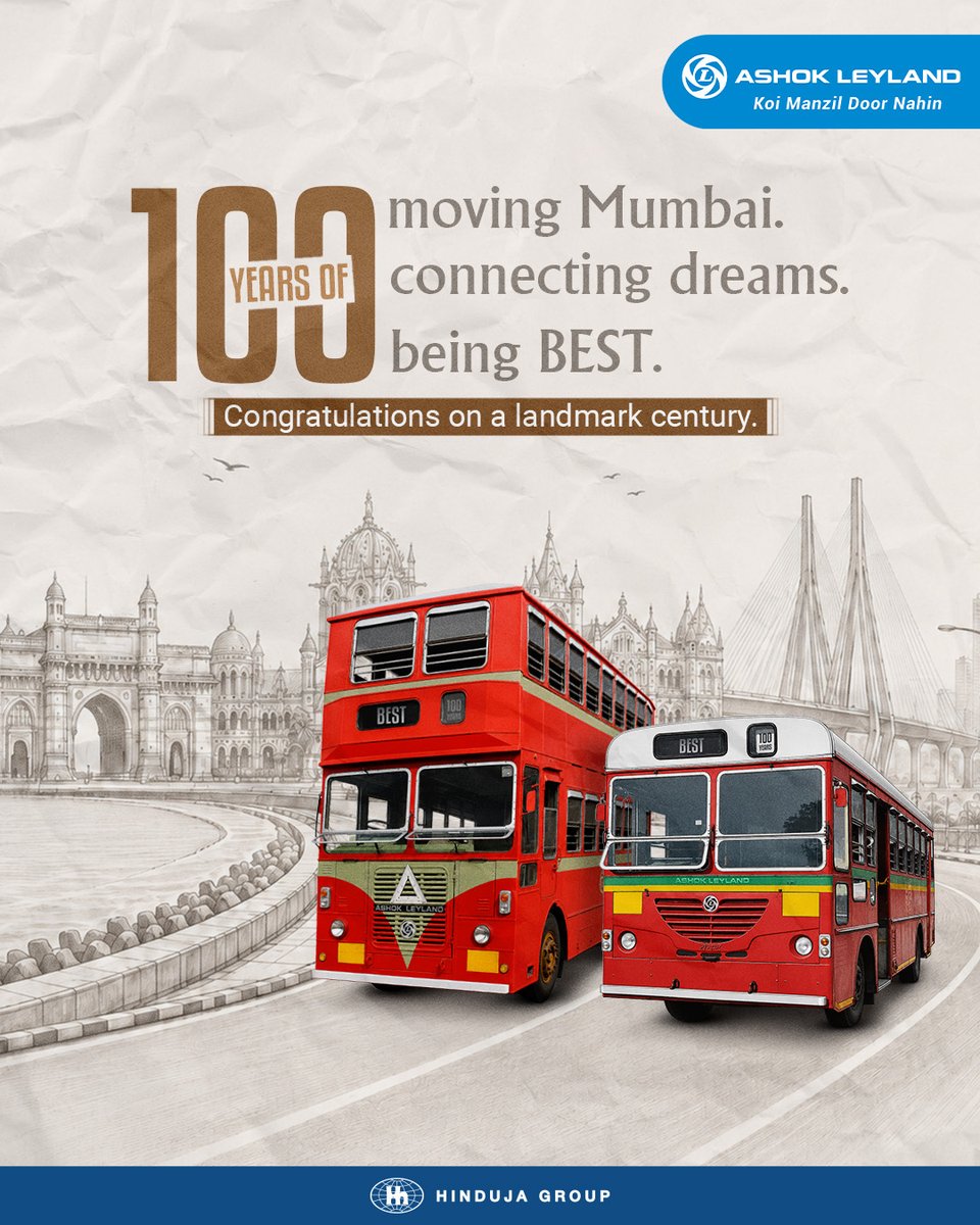 ALIndiaOfficial's tweet photo. As Mumbai’s iconic BEST buses celebrate 100 years, we salute a legacy that has kept the city moving through every era.
Proud to be part of journeys that never stop.
#BEST100 #BESTBus
#AshokLeyland #KoiManzilDoorNahin
#AshokLeylandIndia https://t.co/wSqBowVlmr
