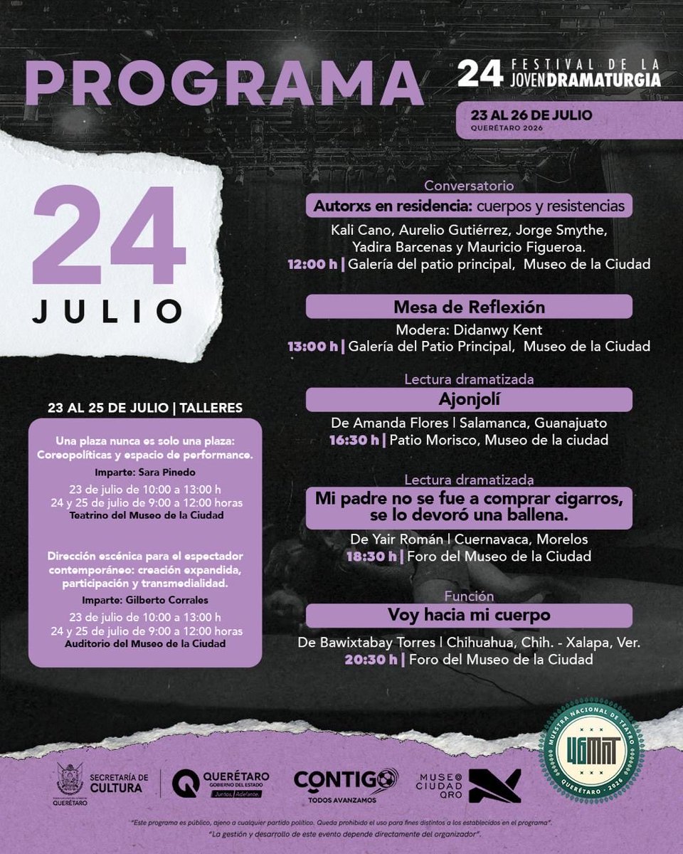 FJD_Mx's tweet photo. Durante cuatro días, Querétaro será el punto de encuentro de la joven dramaturgia.

📖 Lecturas dramatizadas.
🎤 Conversatorios.
📝 Talleres.
🤝 Encuentros con creadorxs. https://t.co/CxmSkfQCLR