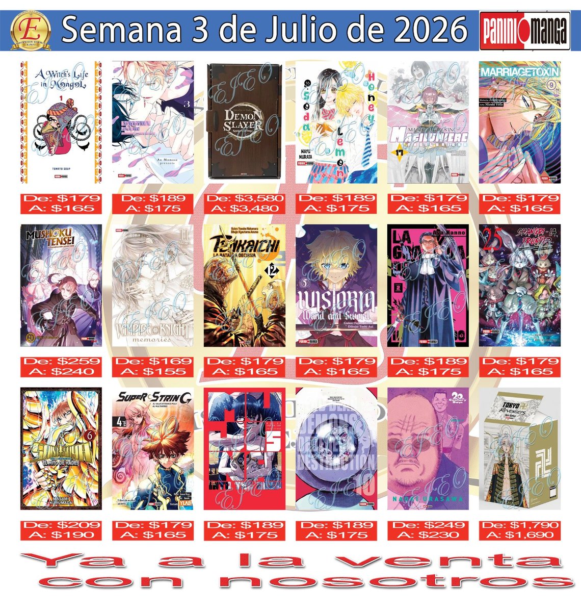 distribuidoejeo's tweet photo. Ya tenemos a la venta los nuevos mangas de "Panini"
Fecha lรญmite para recoger su producto, Miรฉrcoles 22 de Julio de 2026
#distribuidoraejeo #panini #mangas #demonslayer #honeylemon #mushokutensei #tenkaichi #wistoria #shangrilafrontier #saintseiya #20thcentury #tokyorevengers https://t.co/2a8Xu1I8yE