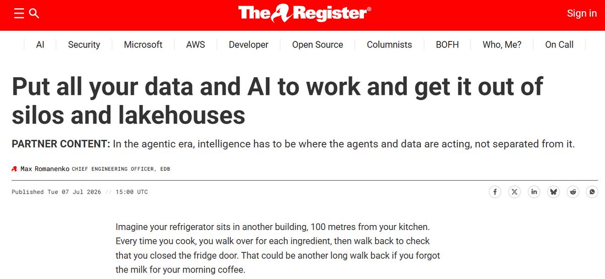 EDBPostgres's tweet photo. A catalog above your lake governs humans fine. An agent querying underneath it at 3am is a different problem. Governance belongs in the database, same rules for agents and people. 

 🔗https://t.co/yJMjI61LDu https://t.co/YjryLBjTOj