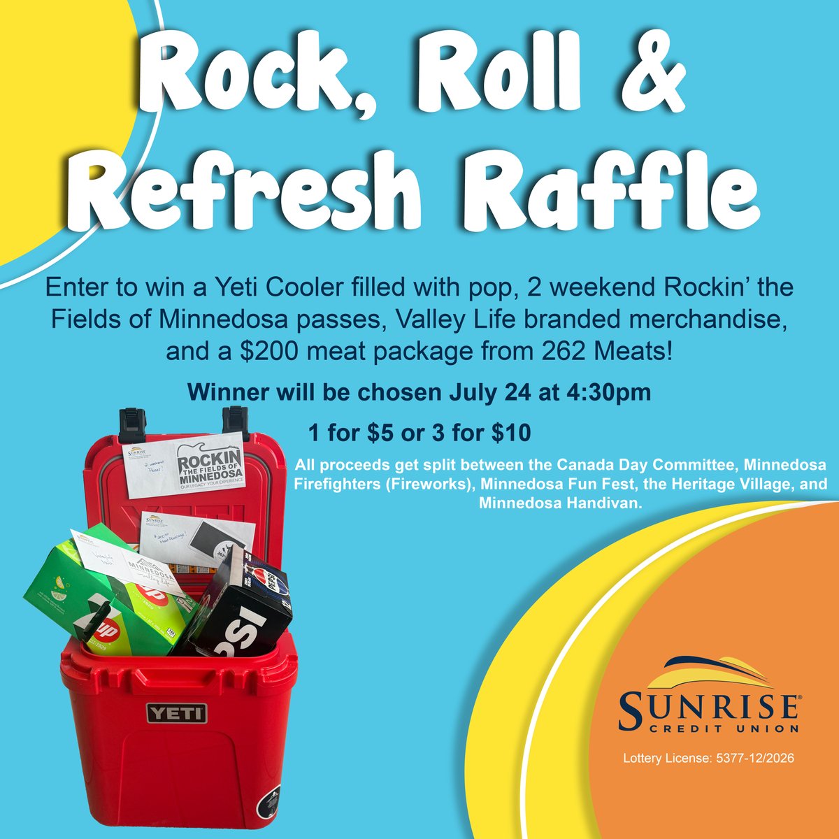 SunriseCU's tweet photo. Do you hear that? There is one week left to get your raffle tickets 🤟🏻

Visit the Minnedosa Sunrise Credit Union to purchase your tickets for the Rock, Roll &amp; Refresh Raffle!

Tickets are 1 for $5, 3 for $10. Winner will be drawn on Friday, July 24.

Lottery License #5377-12/2026 https://t.co/2XDw8PyEDF