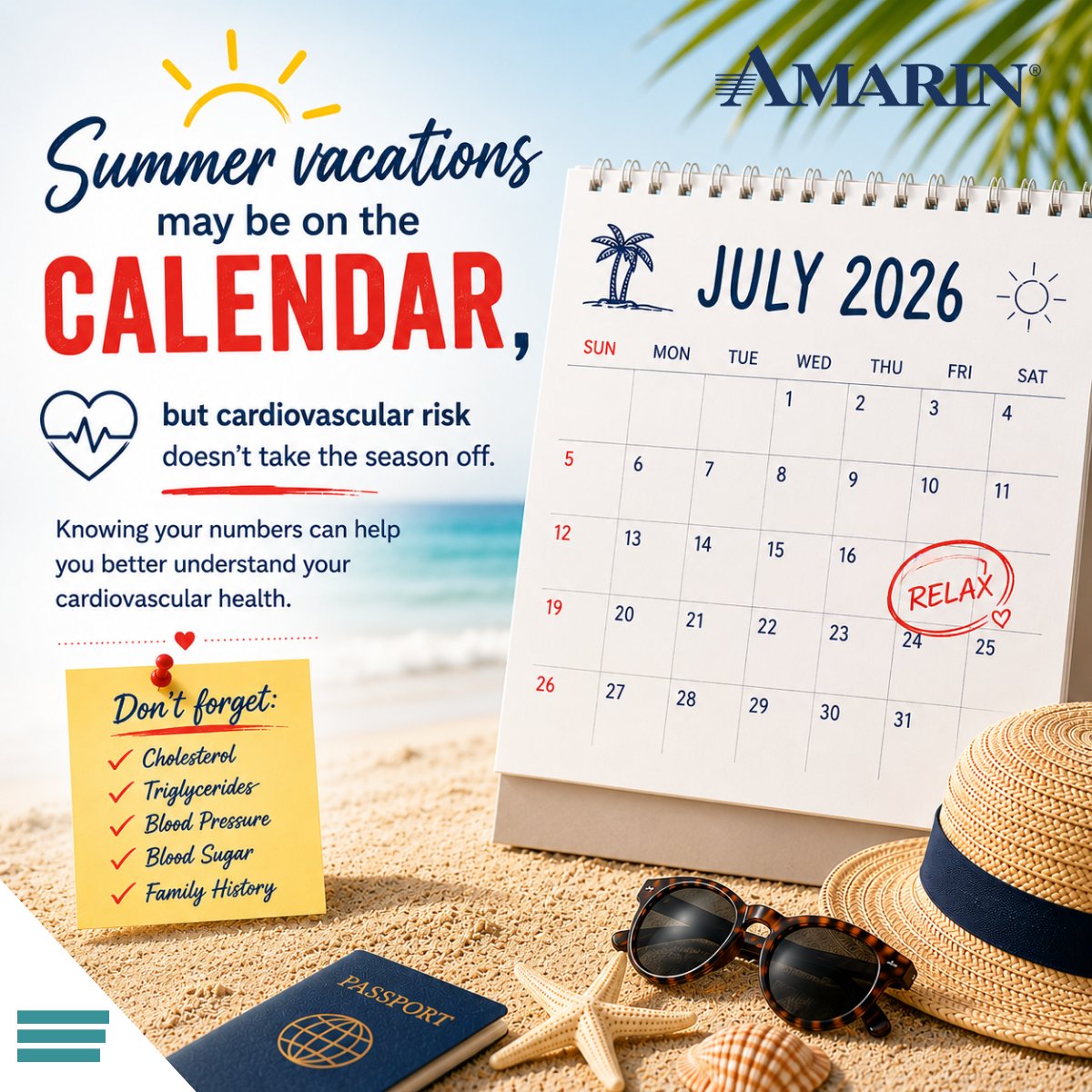Amarincorp's tweet photo. Summer vacations may be on the calendar, but cardiovascular risk doesn't take the season off. 

Knowing your cholesterol, triglycerides, blood pressure, and blood sugar levels can help you better understand your cardiovascular health. 

Know your numbers. Know your risk. 

#HeartHealth #KnowYourNumbers #DiseasePrevention