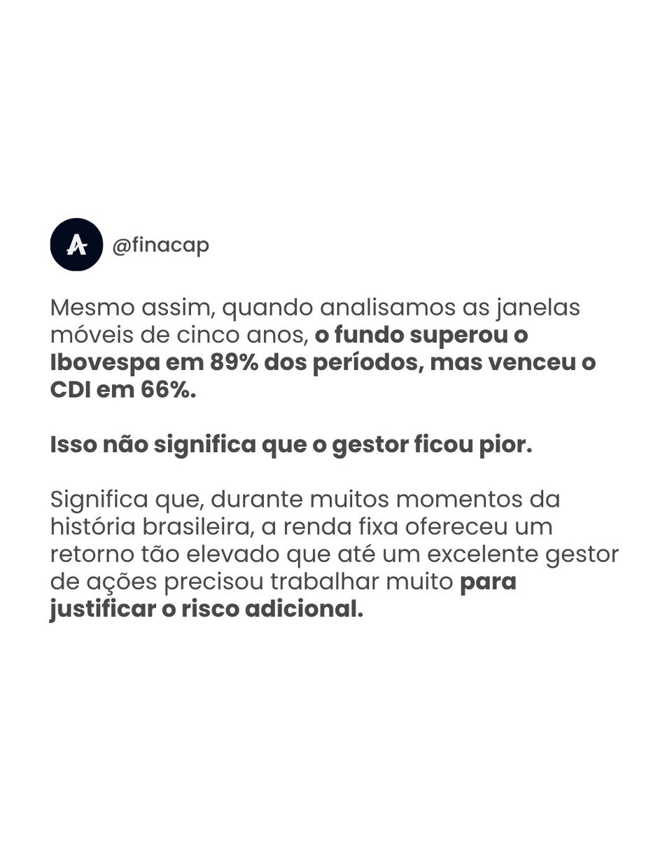 FinacapInvest's tweet photo. Essa talvez seja a maior particularidade do mercado brasileiro.

Em boa parte do mundo, o desafio de um gestor é bater a bolsa.

No Brasil, muitas vezes o desafio é bater a renda fixa.

E isso torna o mérito de quem consegue fazê-lo de forma consistente ainda maior. https://t.co/SOlQwnPuTa
