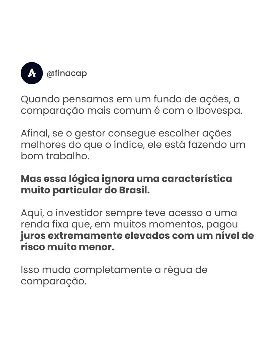FinacapInvest's tweet photo. Essa talvez seja a maior particularidade do mercado brasileiro.

Em boa parte do mundo, o desafio de um gestor é bater a bolsa.

No Brasil, muitas vezes o desafio é bater a renda fixa.

E isso torna o mérito de quem consegue fazê-lo de forma consistente ainda maior. https://t.co/SOlQwnPuTa