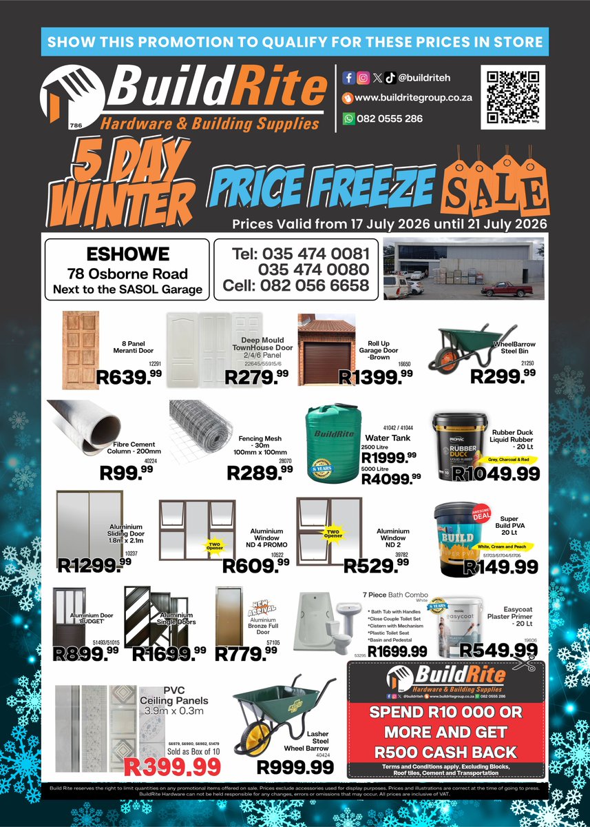 BuildriteH's tweet photo. Eshowe 5 Day Winter Price Freeze Sale with great deals and amazing prices!π Don't miss out on this opportunityππ₯³
Sale Valid from 17 July 2026 until 21 July 2026
#eshowe #Zululand #Eziqwaqweni #Eshowe #kwaMondi #buildriteh #buildritehardware #hardware #hardwarestore #dream https://t.co/5QQP2Re65J