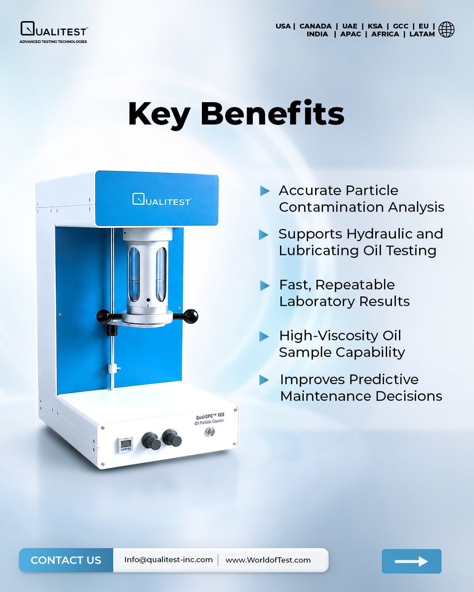 Qualitestinc's tweet photo. Qualitest QualiOPC™ VES delivers accurate oil particle counting to detect contamination early, support predictive maintenance, and improve equipment reliability.
🔗https://t.co/fRAT0NaGDu
#OilAnalysis #ConditionMonitoring #PredictiveMaintenance #WorldOfTest https://t.co/XhhzPigy7L