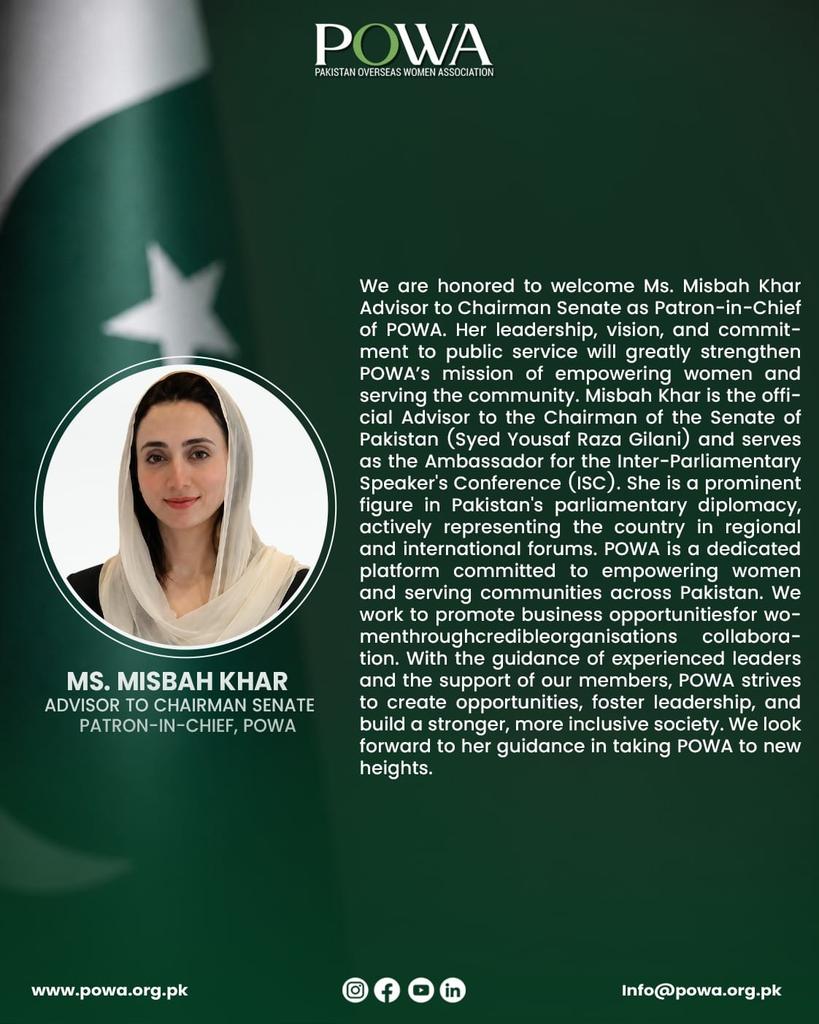 SenatePakistan's tweet photo. ๐ต๐ฐ Pakistan Overseas Women Association (POWA) Appoints Ms. Misbah Khar Advisor to Chairman Senate Syed Yousaf Raza Gilani & Ambassador of ISC as Patron-in-Chief
#Pakistan #POWA #WomenEmpowerment #Diplomacy #ISC https://t.co/qO12UoFsS5