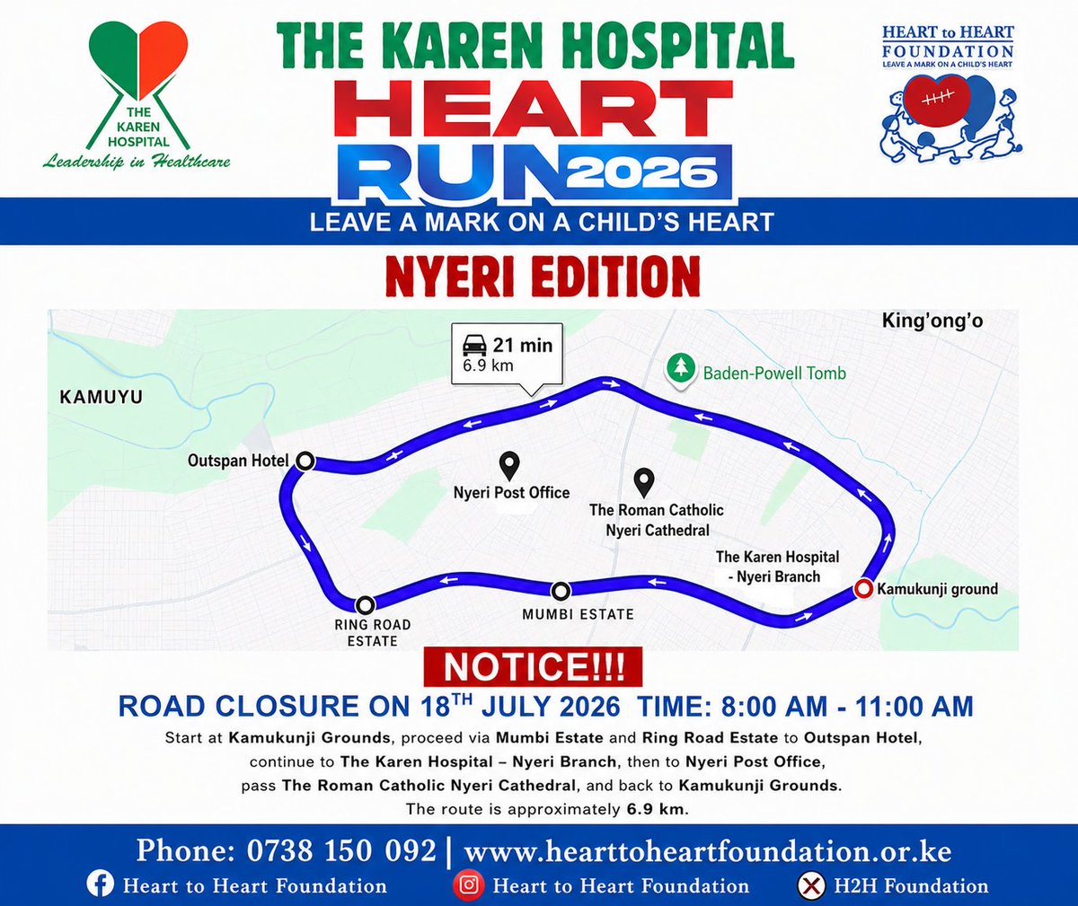 _H2HFoundation's tweet photo. π Heart Run 2026 β Nyeri Edition Route
π Kamukunji Grounds β Gakere Road β Kimathi Way β Outspan Roundabout β NyeriβMumbi Road β π Kamukunji Grounds.
See you tomorrow as we run for children with heart conditions! β€οΈ
#HeartRun2026 #NyeriEdition #EveryStepCounts https://t.co/ZFZyALH8qv