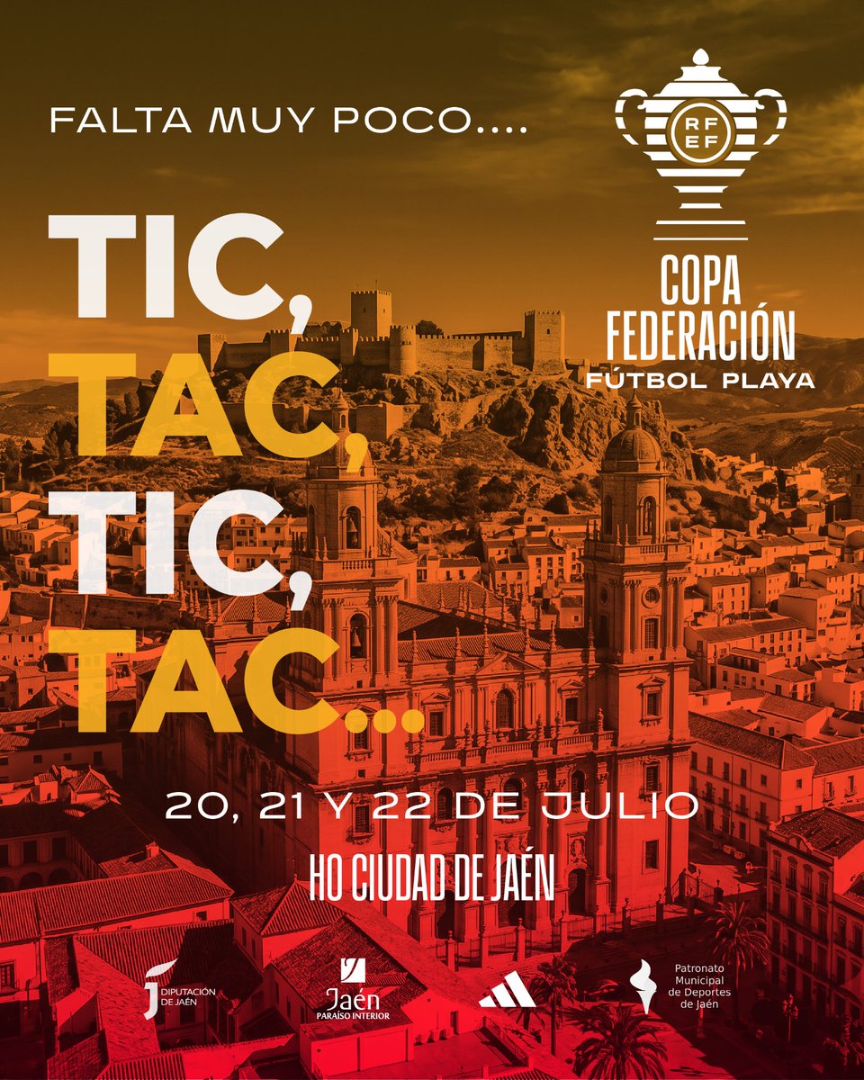 FutbolPlayaRFEF's tweet photo. ⏱️ 𝗧𝗶𝗰, 𝘁𝗮𝗰... 𝗧𝗶𝗰, 𝘁𝗮𝗰...

La cuenta atrás ha comenzado.

📅 20, 21 y 22 de julio.

🏟 HO Ciudad de Jaén.

Ocho equipos. Tres días de competición.

🏆 Un trofeo en juego.

#FútbolPlayaRFEF | #CopaFederación https://t.co/zD7868391q