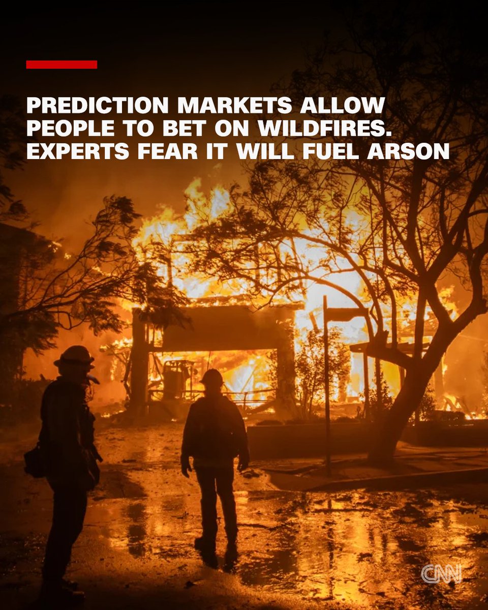cnni's tweet photo. Prediction markets are a booming, multibillion-dollar industry, which allow people to bet on the outcome of almost any future event, from the results of football games and elections, to the number of social media posts Elon Musk makes.

Some prediction markets also allow people to bet on wildfires, as well as other climate change-fueled extreme weather events, and experts are sounding the alarm. https://t.co/bnDpvVGyCR