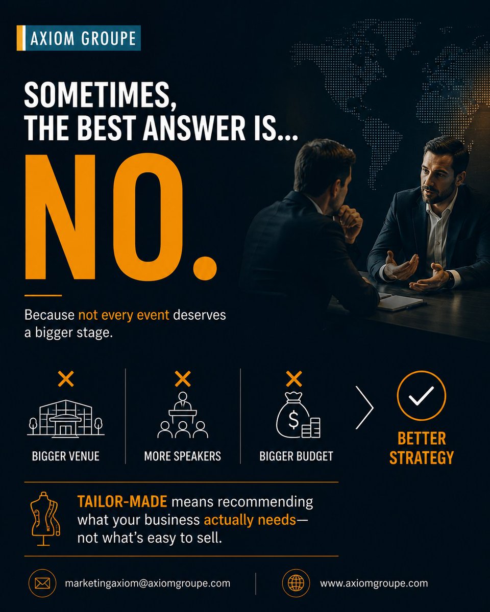 AxiomGroupe's tweet photo. We don't measure success by the size of an event.

We measure it by the impact it creates.

That's why every event we deliver is tailor-made.

🌍 https://t.co/zpMpaTKMWj

#AxiomGroupe #TailorMade #CorporateEvents https://t.co/fft63W2JPY