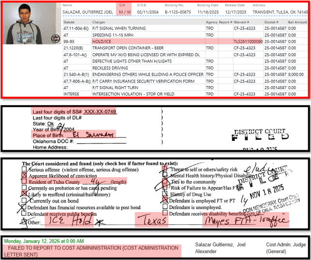 RobertDinTulsa's tweet photo. Illegals in Tulsa:
Joel Alexander Salazar Gutierrez
• The 90th illegal booked into the Tulsa County jail during November 2025.  Booked but not necessarily deported.
• El Salvadoran Fùûúck.
• Sentence? Deferred for 5 years = Probation.  Keep your nose clean in Tulsa, as an illegal, for the next 5 years and we’ll expunge these charges from your record.

Now do you see why we need to start focusing on the judges and making it personal?