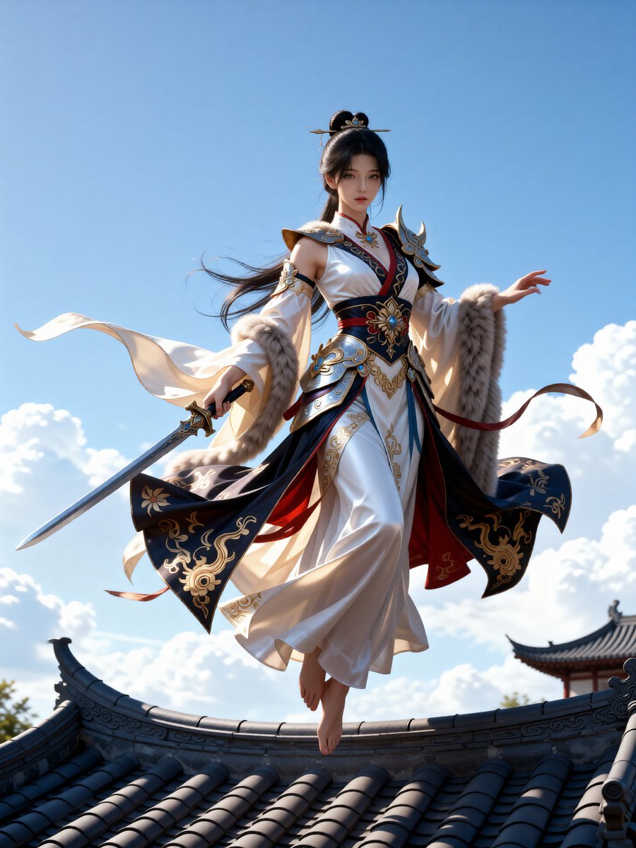 AIbv9q's tweet photo. 古风美女持剑飞檐走壁，大气长袍���风飘逸～🗡️✨

江湖女侠，气场全开！

#古风美女 #女侠 #飞檐走壁 #古风剑客 #大气古风 https://t.co/jW85T1VrXp