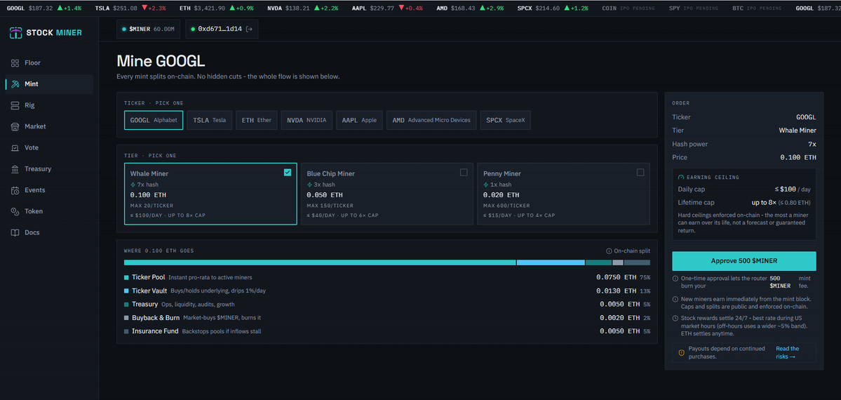 StockMinerApp's tweet photo. Its easy to get started with $MINER!

0x98a64d87f9DF33ee4571772F49f196bE3D7D2696

https://t.co/OMNc34uOL6

First Pick A Tokenized Stock: Choose from $GOOGL, $TSLA, $ETH, $NVDA, $AAPL, $AMD, or $SPCX 

Second, Pick A Tier: This is the level of miner you want. The more expensive & powerful the miner, the more it mines. 

Third, Complete The Purchase: Every Miner purchase cost some $ETH as well as 500 $MINER tokens which is sent straight to the burn wallet.  Lowering the supply on every miner purchased.

Then, sit back, and watch your Tokenized Stock portfolio grow effortlessly.