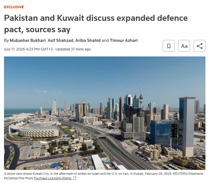 clashreport's tweet photo. Pakistan and Kuwait are in early talks on expanding their defence partnership in exchange for greater energy cooperation and investment.

Kuwait is reportedly seeking a Saudi-style security arrangement that could include Pakistani troops, fighter jets, drones, air defence systems, and other military support.

However, Pakistani officials say combat troop deployments are not under consideration, stressing the talks remain at an early stage.

Source: Reuters