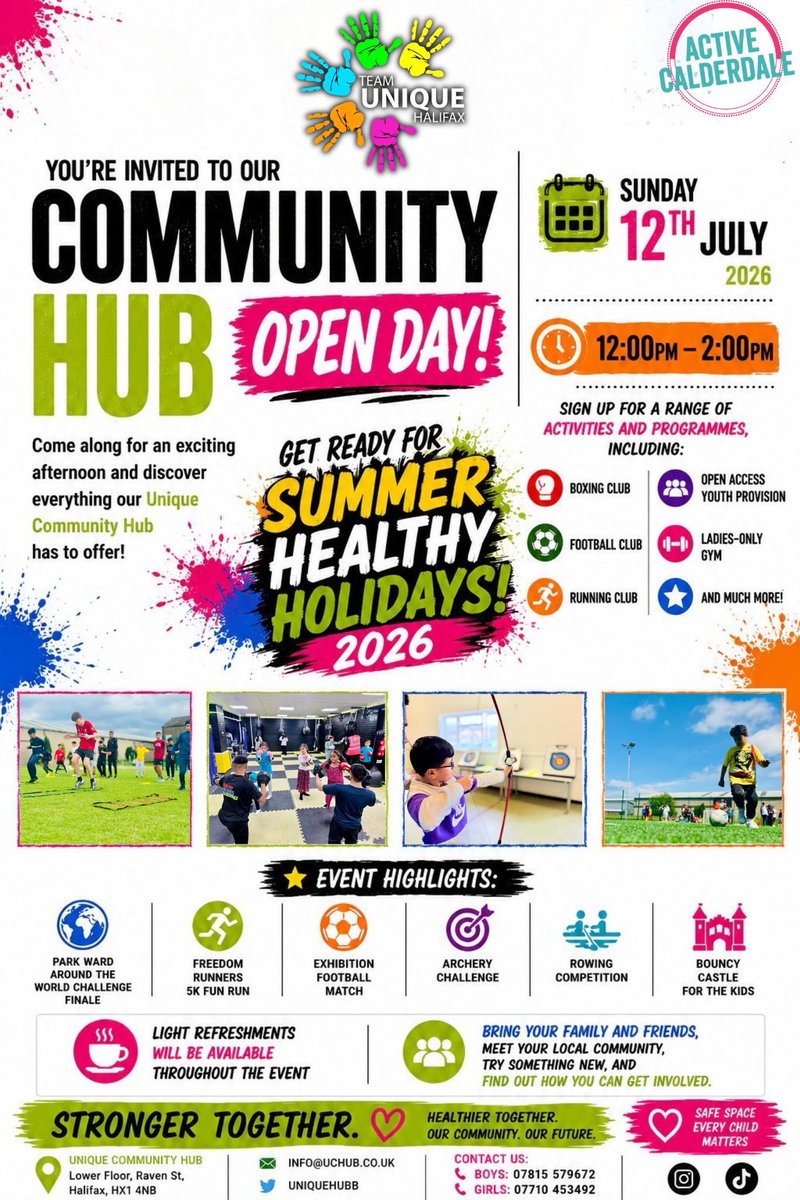 UniqueHubb's tweet photo. Our Open Day at the Unique Community Hub was a fantastic success!  100s of young people &amp; families joined us, and the excitement was infectious. Our summer HAF provision is nearly fully booked! Thank you for joining us. Here’s some highlights ❤️ ☀️@HAFCalderdale #CommunityLove https://t.co/B6P0HG5Ylz