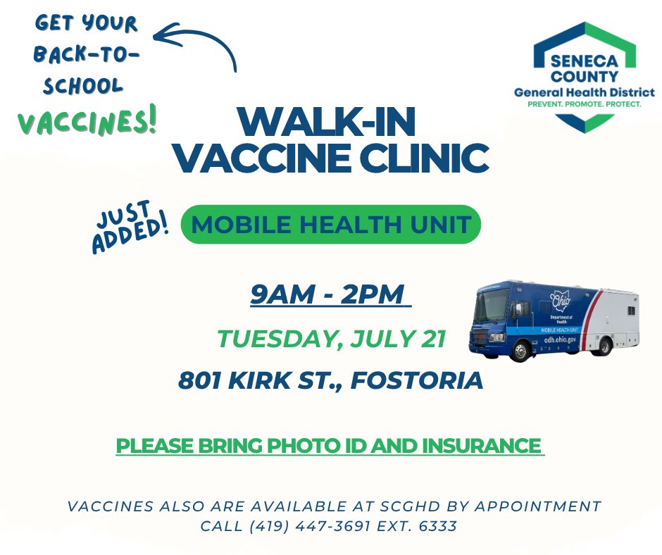 SenecaCoHealth's tweet photo. Still need your back-to-school vaccines?

The Mobile Health Unit will be at our Fostoria location Tuesday for a walk-in vaccine clinic! https://t.co/iRGfnHmIfu