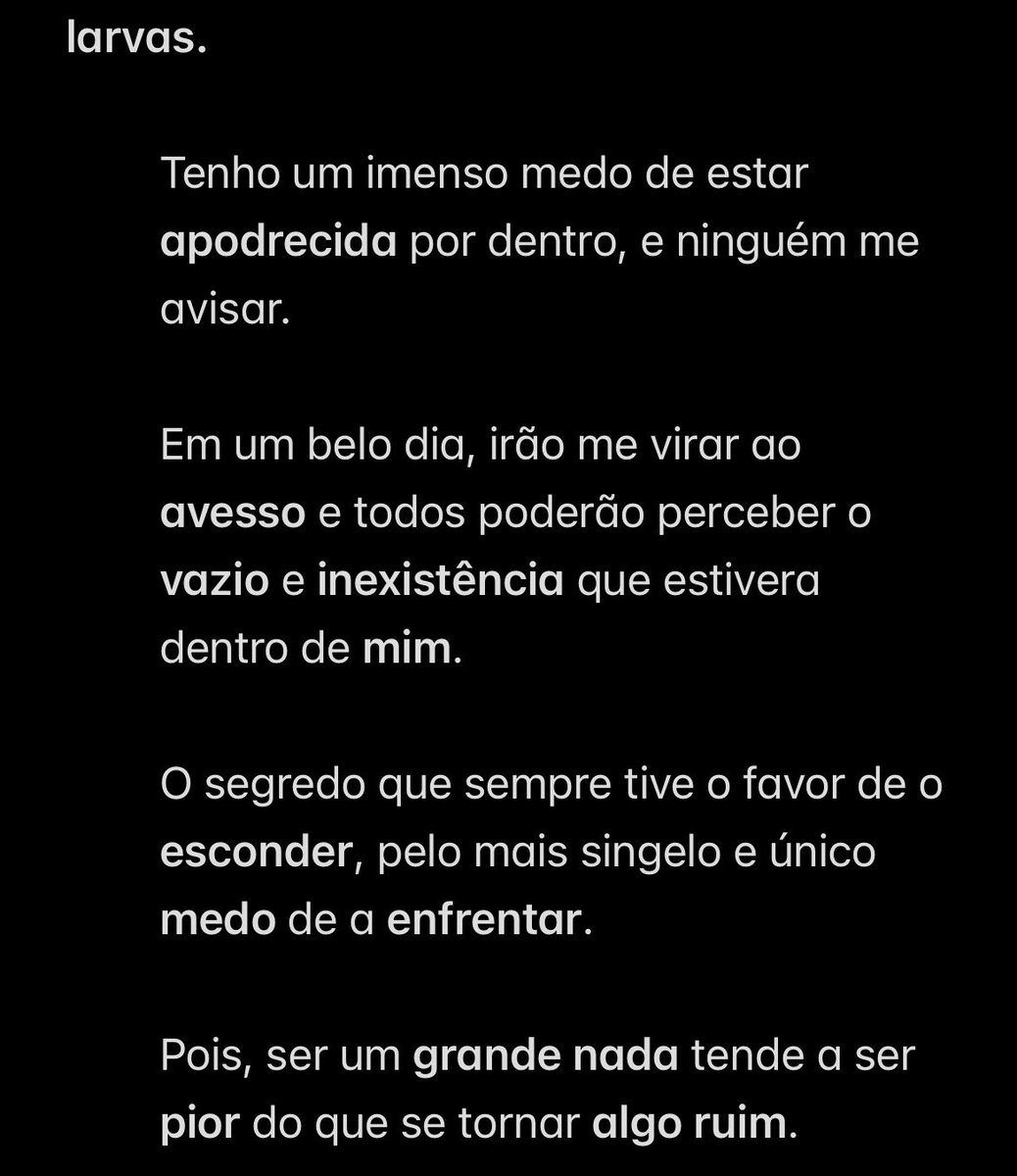 sakistopia's tweet photo. Larvas.
Ser um grande nada, tende a ser pior do que se tornar algo ruim.
#textwt #poetwt #writting #writer #melancolic #euamotubaroes https://t.co/E0L1nbdfvG