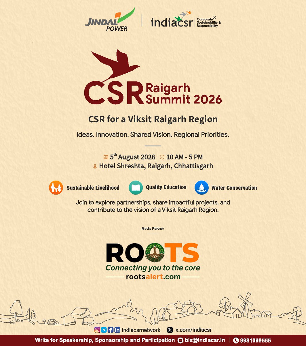 INDIACSR's tweet photo. ๐ฑ Join the CSR Raigarh Summit 2026 to explore impactful partnerships and regional priorities for a Viksit Raigarh.
๐
5 August 2026
โฐ 10 AMโ5 PM
๐ Hotel Shreshta, Raigarh
๐ง biz@indiacsr.in | ๐ 9981099555
#CSRaigarhSummit2026 #IndiaCSR #JindalPower #CSRIndia #ViksitRaigarh https://t.co/jX1RCgvBhb