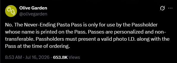 bennyjohnson's tweet photo. Olive Garden Has Tighter Security for Its ‘Never-Ending Pasta Pass’ Than America Does For Its Elections

Olive Garden is giving Americans something to chew on: It’s making it clear that you are not allowed to sign up for its “Never-Ending Pasta Pass” without a valid photo I.D.

That makes the pasta pass more secure than elections in 14 states and D.C., including California, Illinois, and New York.

Olive Garden did not respond to critics who say it is making it harder for black Americans and married women to get access to Fettuccine Alfredo.