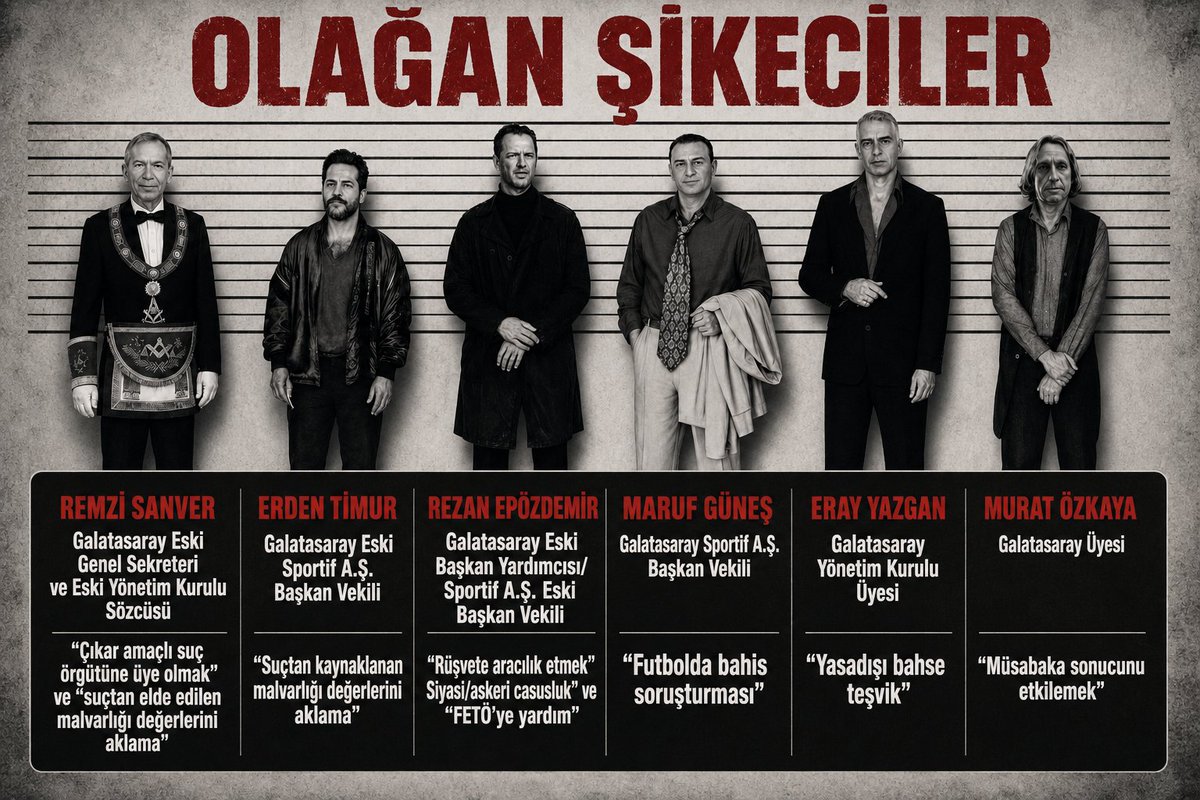 gsgerceklerii's tweet photo. Birinin adı kara para dosyasında, birinin rüşvet ve casusluk iddialarında, birinin bahis soruşturmasında, birinin MeritKing skandalında, birinin de maç sonucunu etkileme suçlamasında geçiyor.

Sonra dönüp bakıyorsun, hepsinin yolu aynı kulüpten geçmiş: GALATASARAY!

Bunlar olağan şüpheliler değil. OLAĞAN ŞİKECİLER.