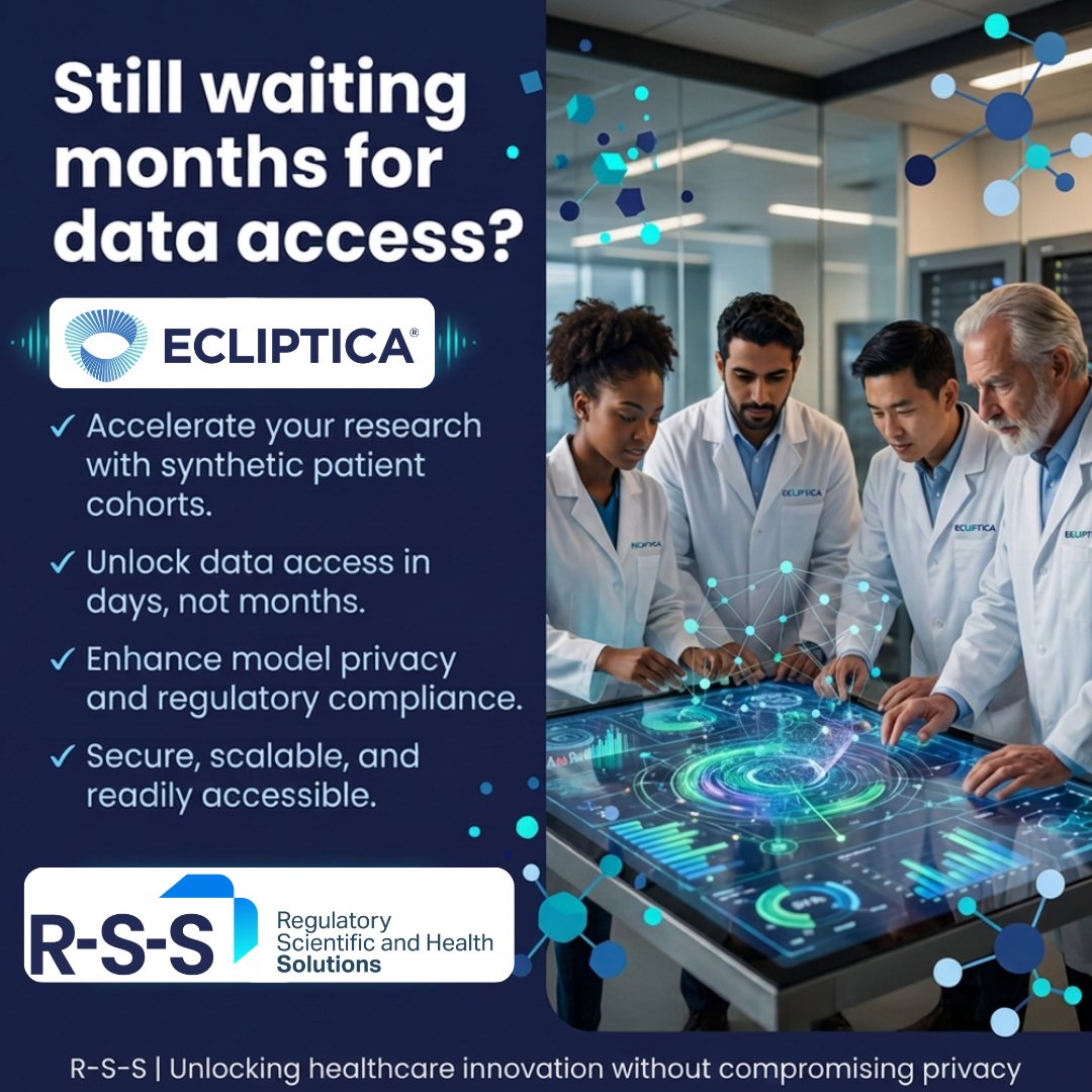 RSS_global's tweet photo. 🚀 Accelerate healthcare innovation without compromising privacy!
ECLIPTICA empowers researchers with AI-generated synthetic patient data, enabling faster insights, stronger privacy, and seamless regulatory compliance.
#HealthTech #SyntheticData #AI #ClinicalResearch https://t.co/fSz5aN9E8K