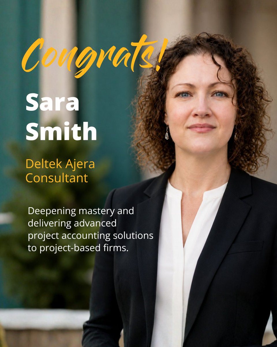 StambaughNess's tweet photo. Join us in celebrating Deltek Ajera Consultant Sara Smith on earning her Ajera Master Certification! 🎉

With 25+ years of financial experience, Sara brings advanced mastery to project-based firms to optimize workflows &amp; accelerate success.

#DeltekProjectNation #DeltekAjera https://t.co/e4FkuaXW3G