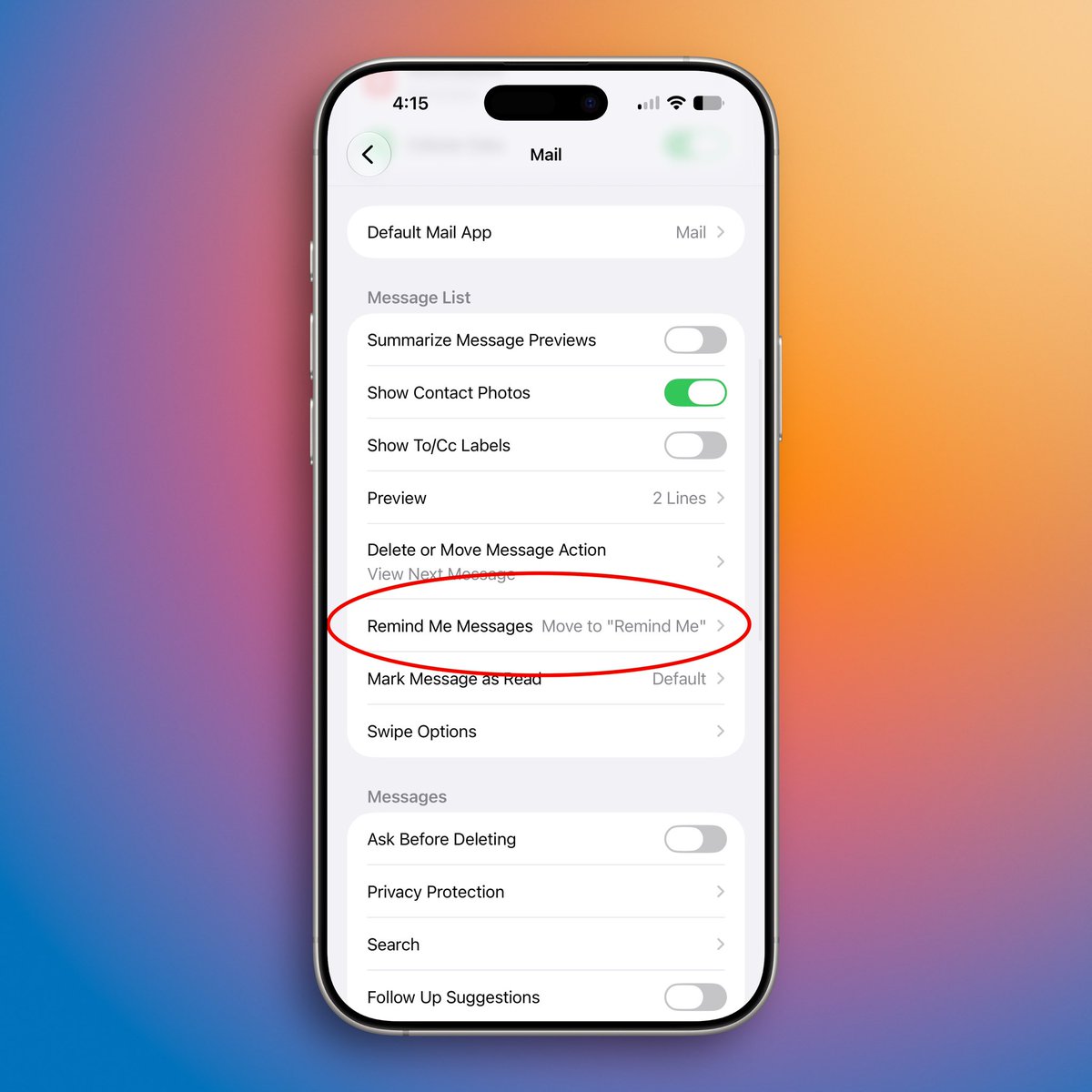 stephenrobles's tweet photo. Mail in iOS 27 FINALLY get a real Snooze feature! Go to Settings > Mail > and set “Move to Remind Me” 

Then when you set a message to Remind Later, it will leave your inbox and come back at the time you set! https://t.co/LIbrUSzdnD