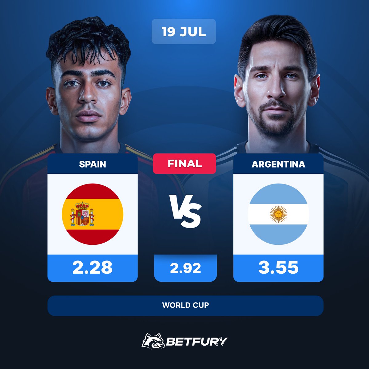 BetFury_'s tweet photo. 🇪🇸 ¡LA GRAN FINAL DEL MUNDIAL: ESPAÑA VS ARGENTINA! 🇦🇷

El partido que paralizará al planeta entero busca un campeón. ¿Se lo lleva el tiki-taka o la mística de la Albiceleste? 

¡PARTICIPA EN NUESTRO SORTEO DE LA FINAL! 💰 3 ganadores se llevarán $10 Free Bet cada uno.
¿Cómo participar?
 1️⃣ Dale Like 
 2️⃣ Haz Retweet 
 3️⃣ Sigue a nuestra cuenta 
 4️⃣ Comenta: ¿Quién será el MVP (mejor jugador) de la final? 🗣️✨

¡Juega con las mejores cuotas del mercado ingresando aquí! 👉 https://t.co/kEotxPcRXn